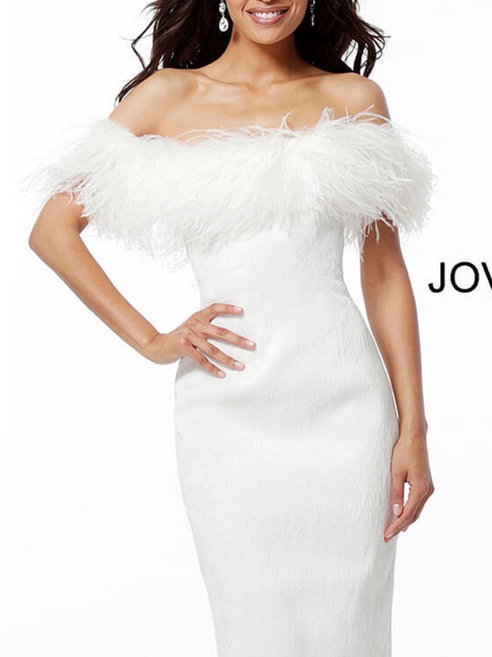 Jovani 67118a Ivory Feather-Trim Cocktail Dress